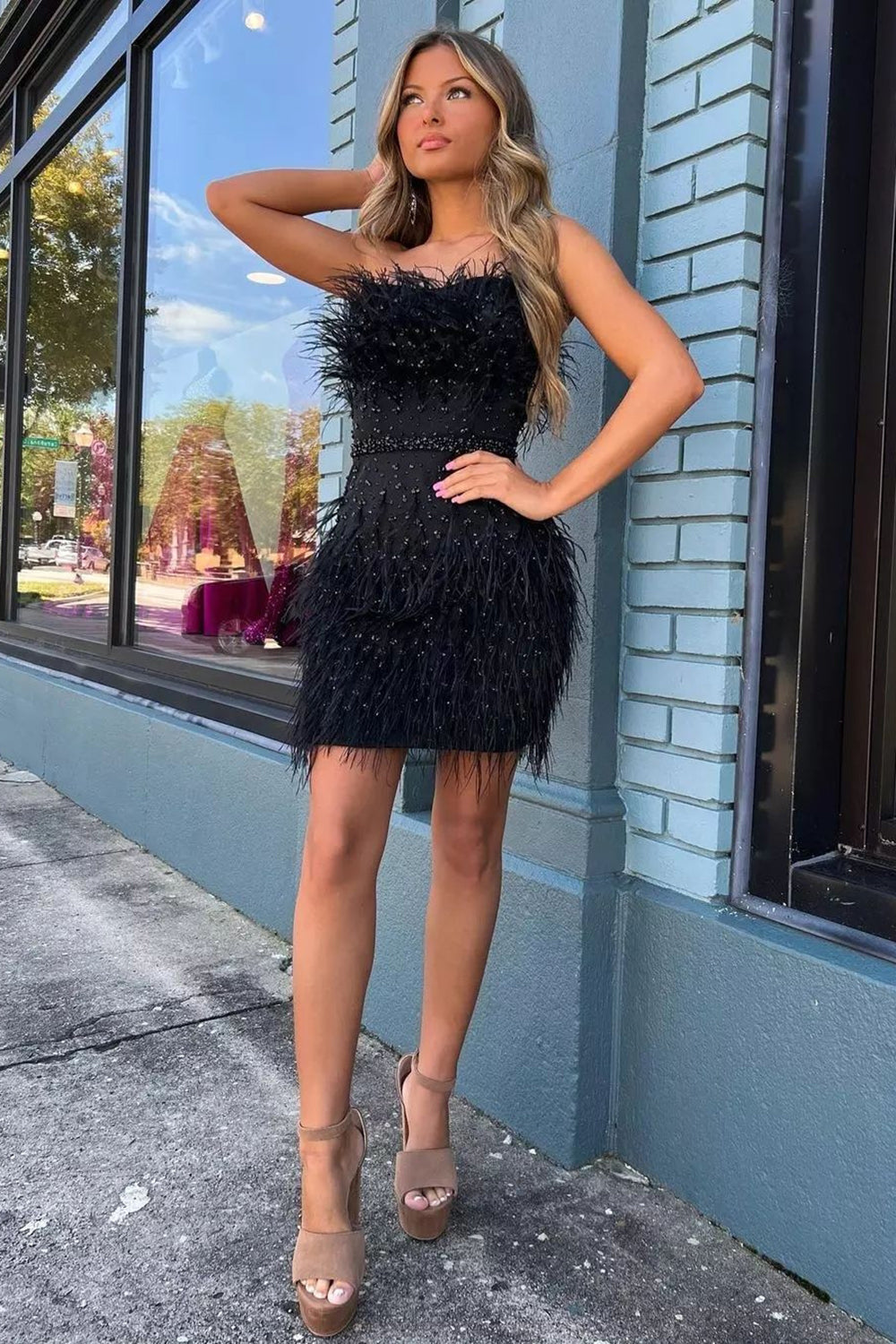Trendy Sheath Strapless Navy Short Homecoming Dress with Feather