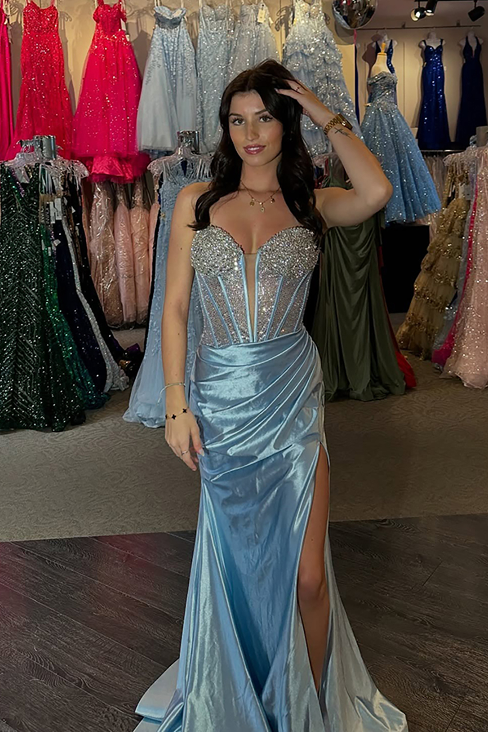 Spaekly Fuchsia Mermaid Beaded Long Satin Prom Dress with Slit