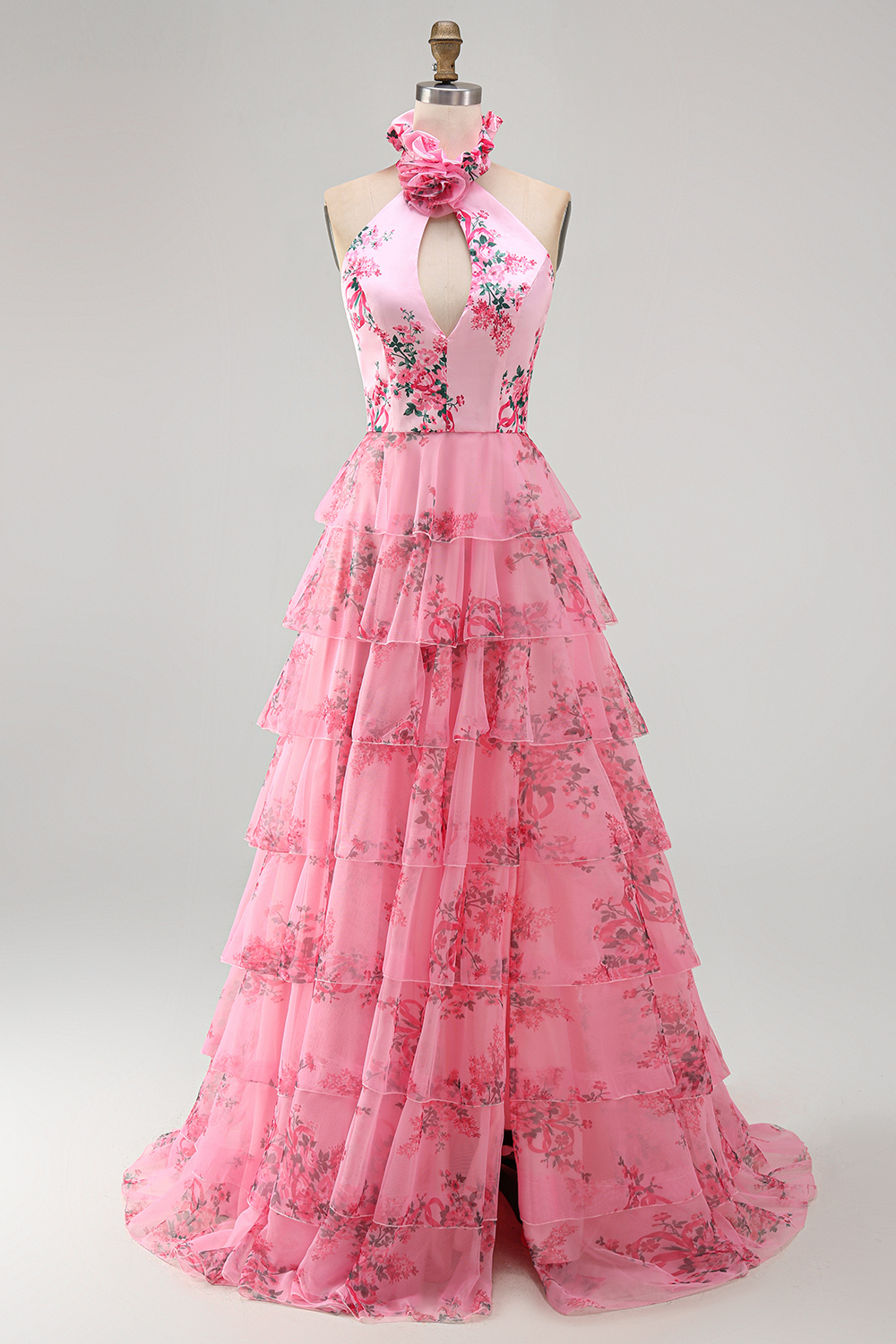 Blush Floral Halter Neck A Line Cut-out Tiered Long Prom Dress with Slit