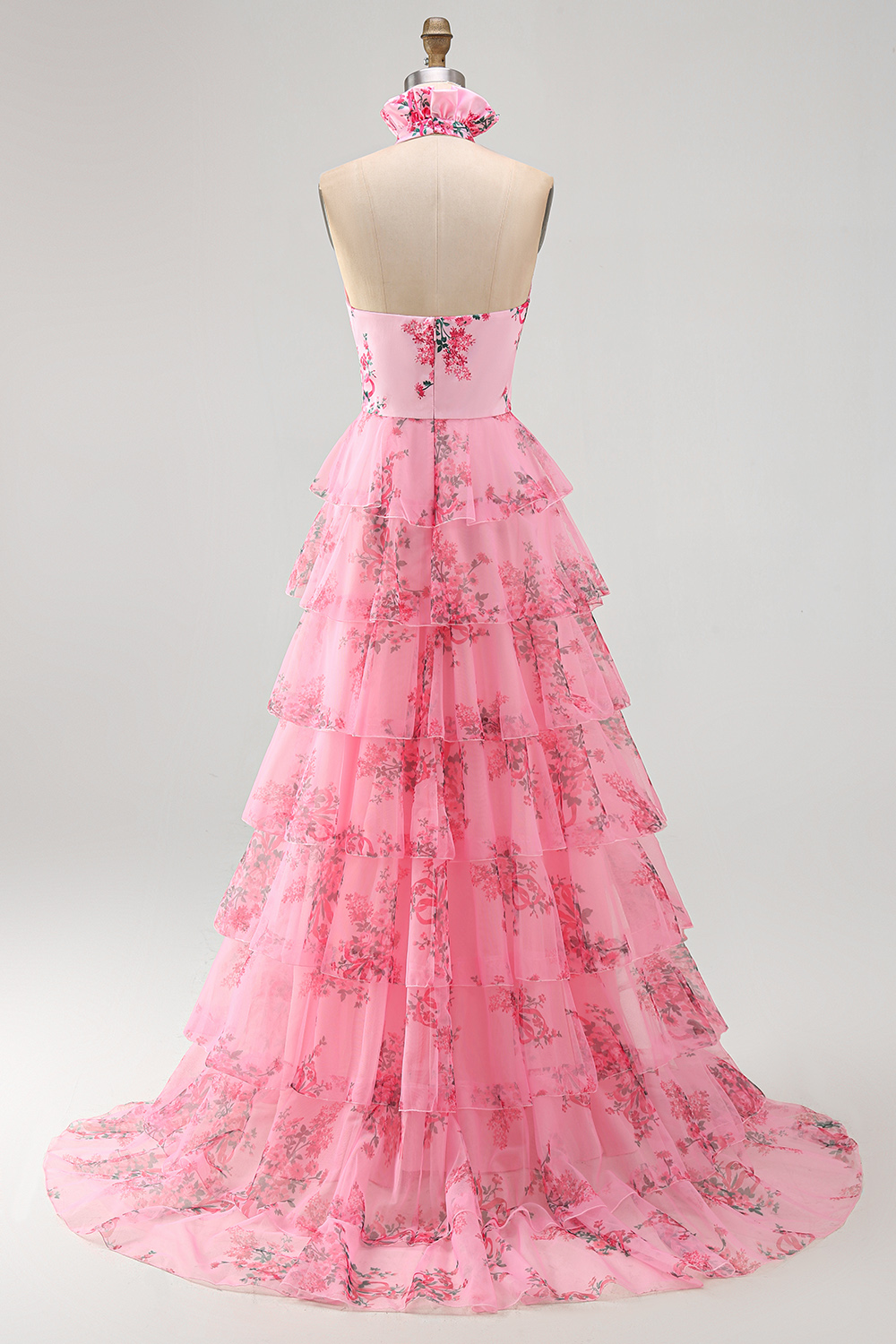 Blush Floral Halter Neck A Line Cut-out Tiered Long Prom Dress with Slit