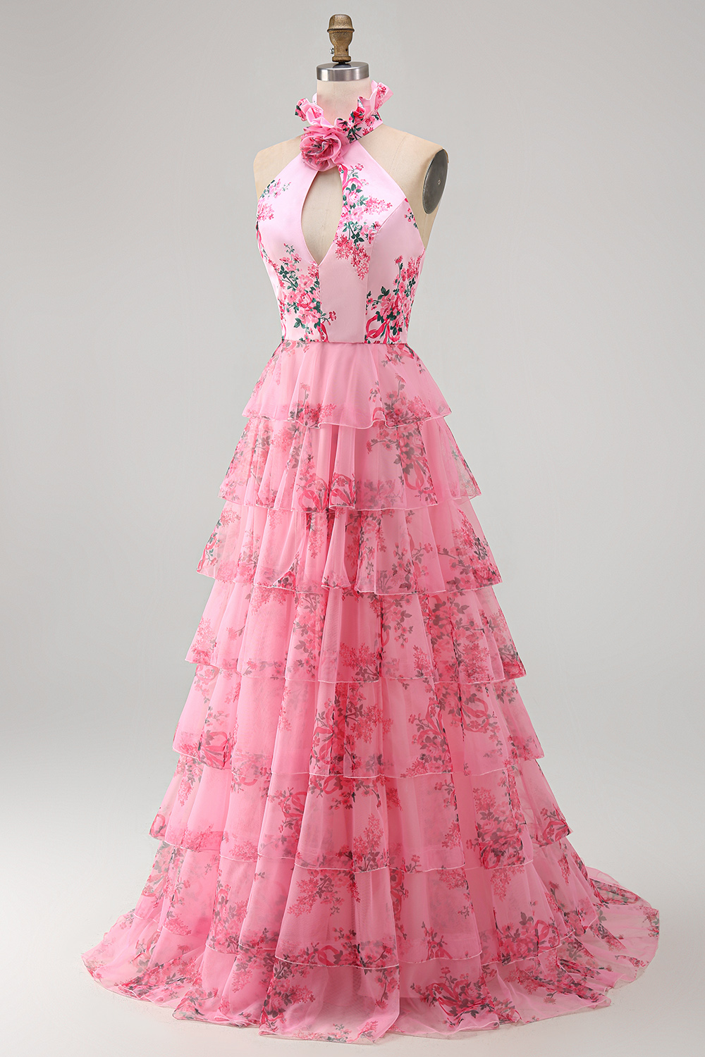 Blush Floral Halter Neck A Line Cut-out Tiered Long Prom Dress with Slit