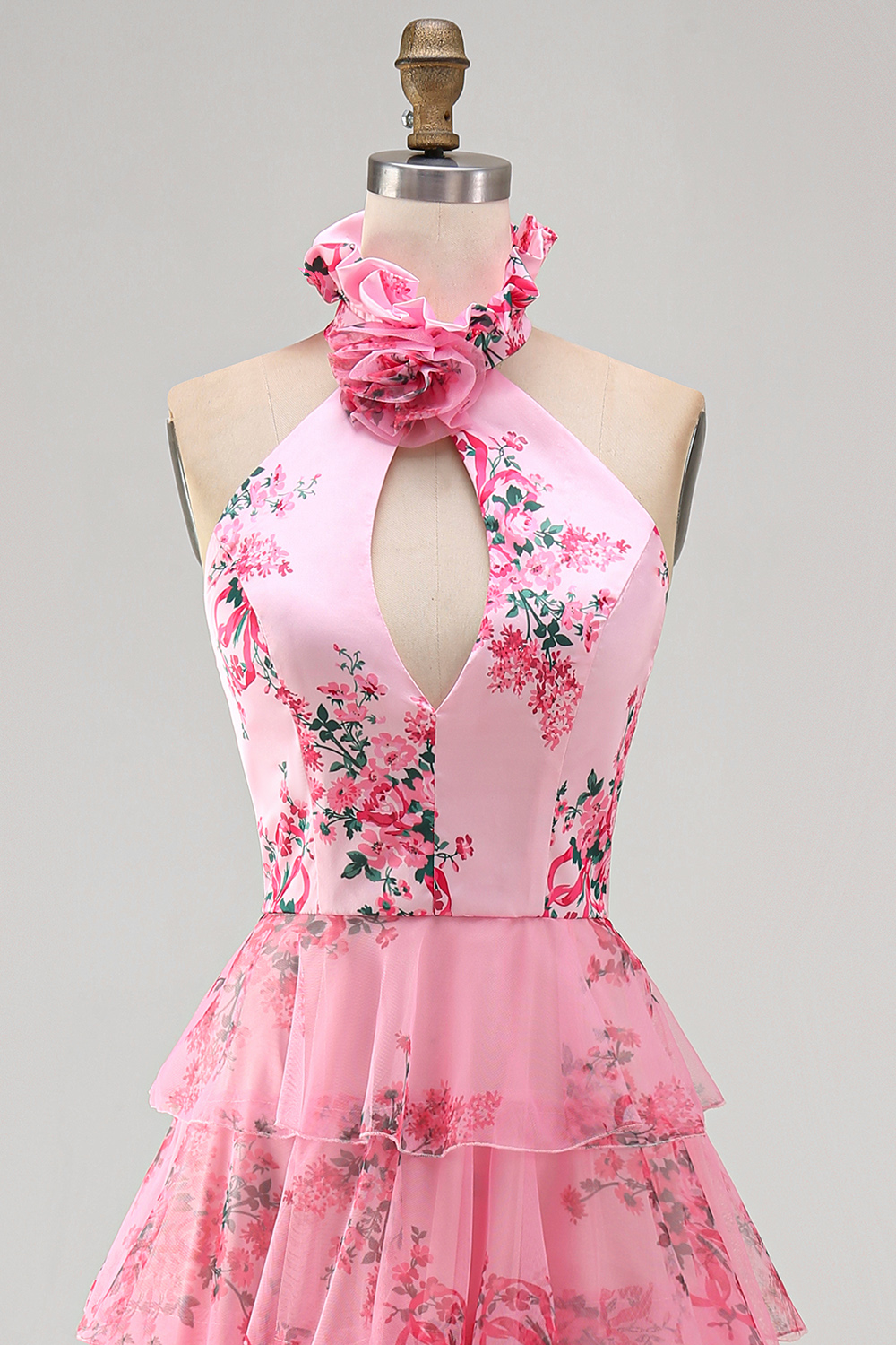 Blush Floral Halter Neck A Line Cut-out Tiered Long Prom Dress with Slit
