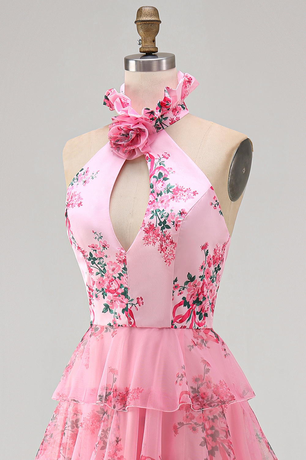 Blush Floral Halter Neck A Line Cut-out Tiered Long Prom Dress with Slit