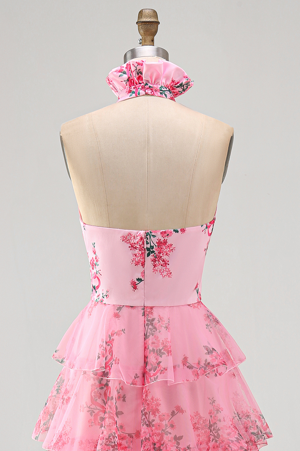 Blush Floral Halter Neck A Line Cut-out Tiered Long Prom Dress with Slit