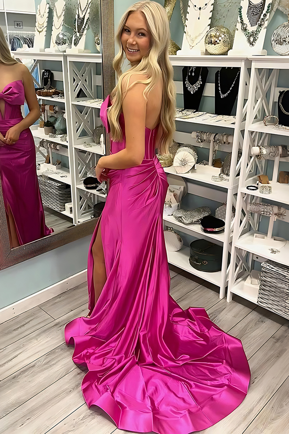 Red Sweetheart Mermaid Satin Cut-out Long Corset Prom Dress with Bow