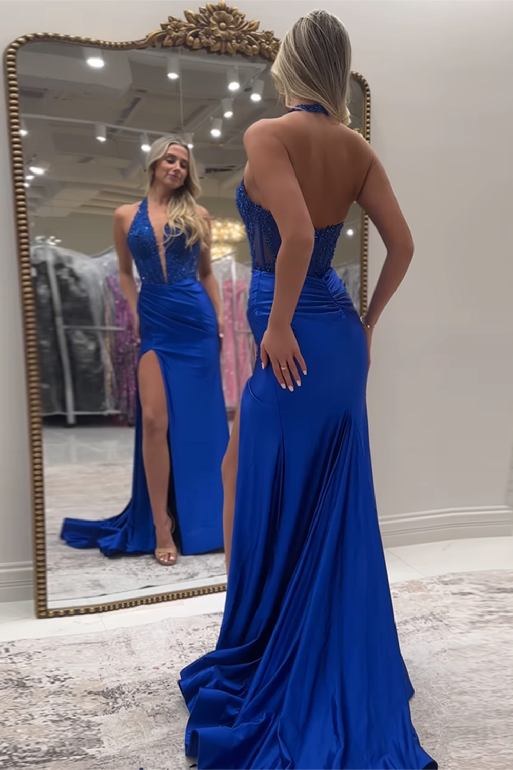 Red Halter Neck Mermaid Satin Long Corset Prom Dress with Applique