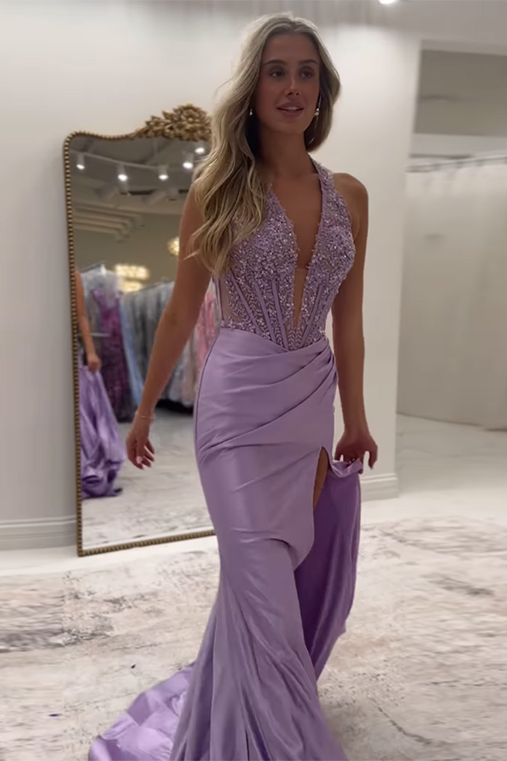 Red Halter Neck Mermaid Satin Long Corset Prom Dress with Applique