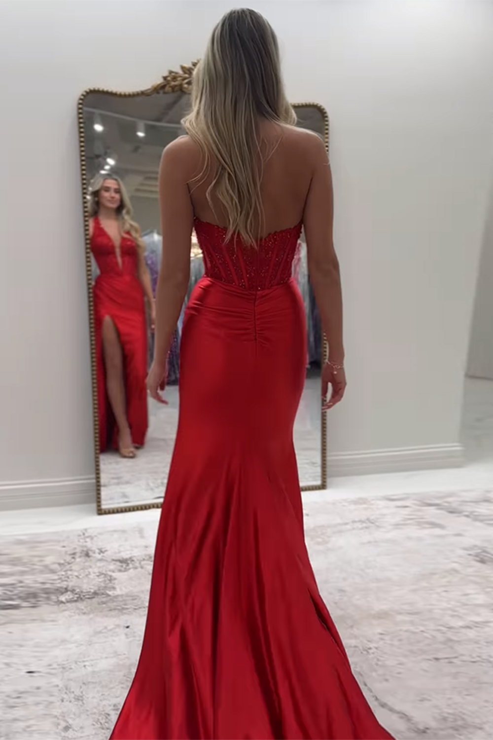 Red Corset Halter Backless Long Satin Mermaid Prom Dress with Lace