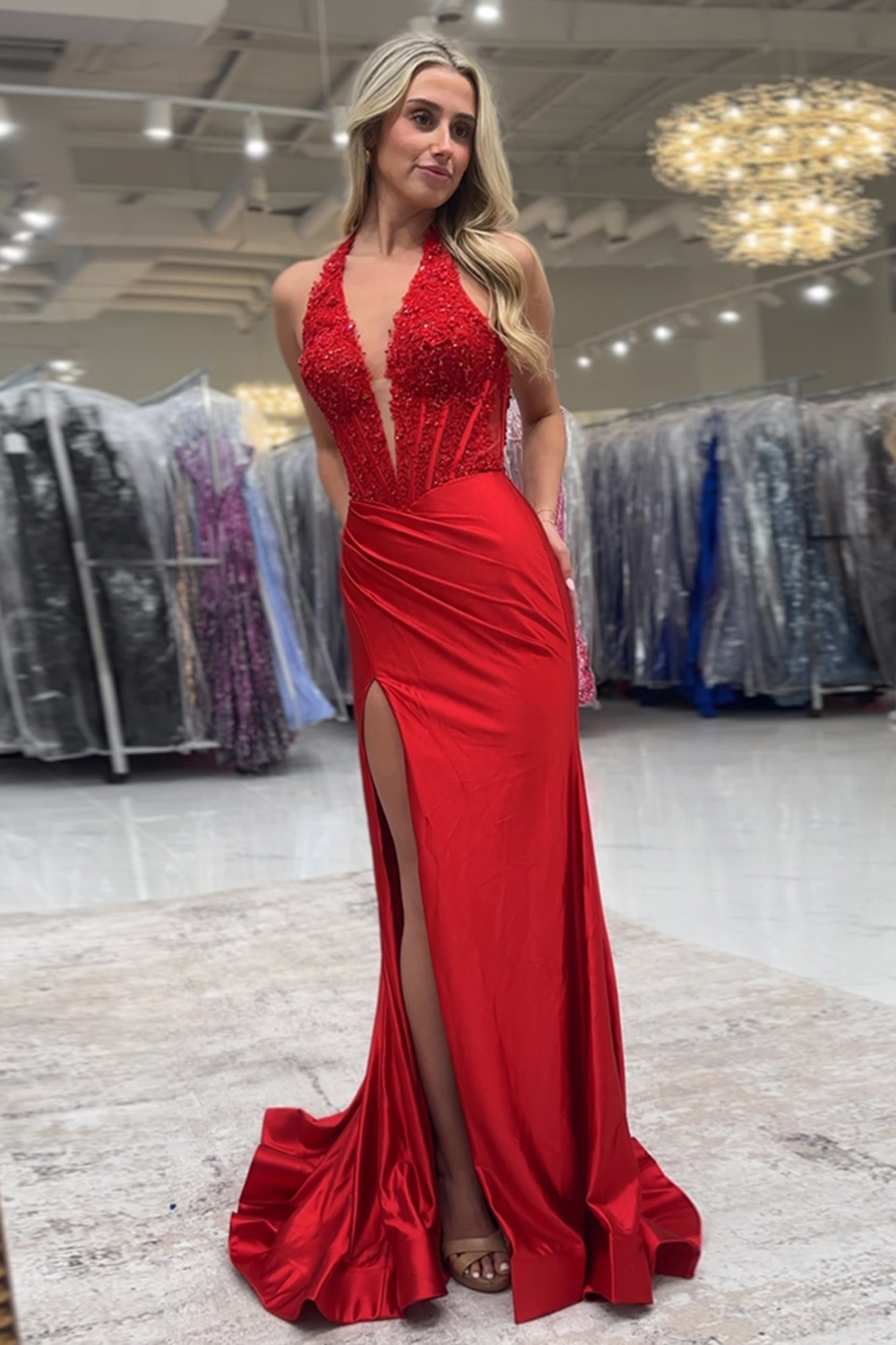 Red Corset Halter Backless Long Satin Mermaid Prom Dress with Lace