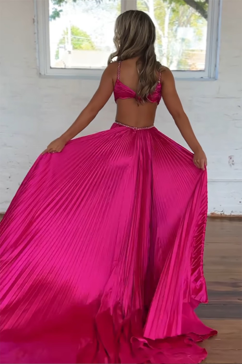 Sparkly Fuchsia Satin Spaghetti Straps A Line Pleated Cut-out Long Prom Dress with Slit