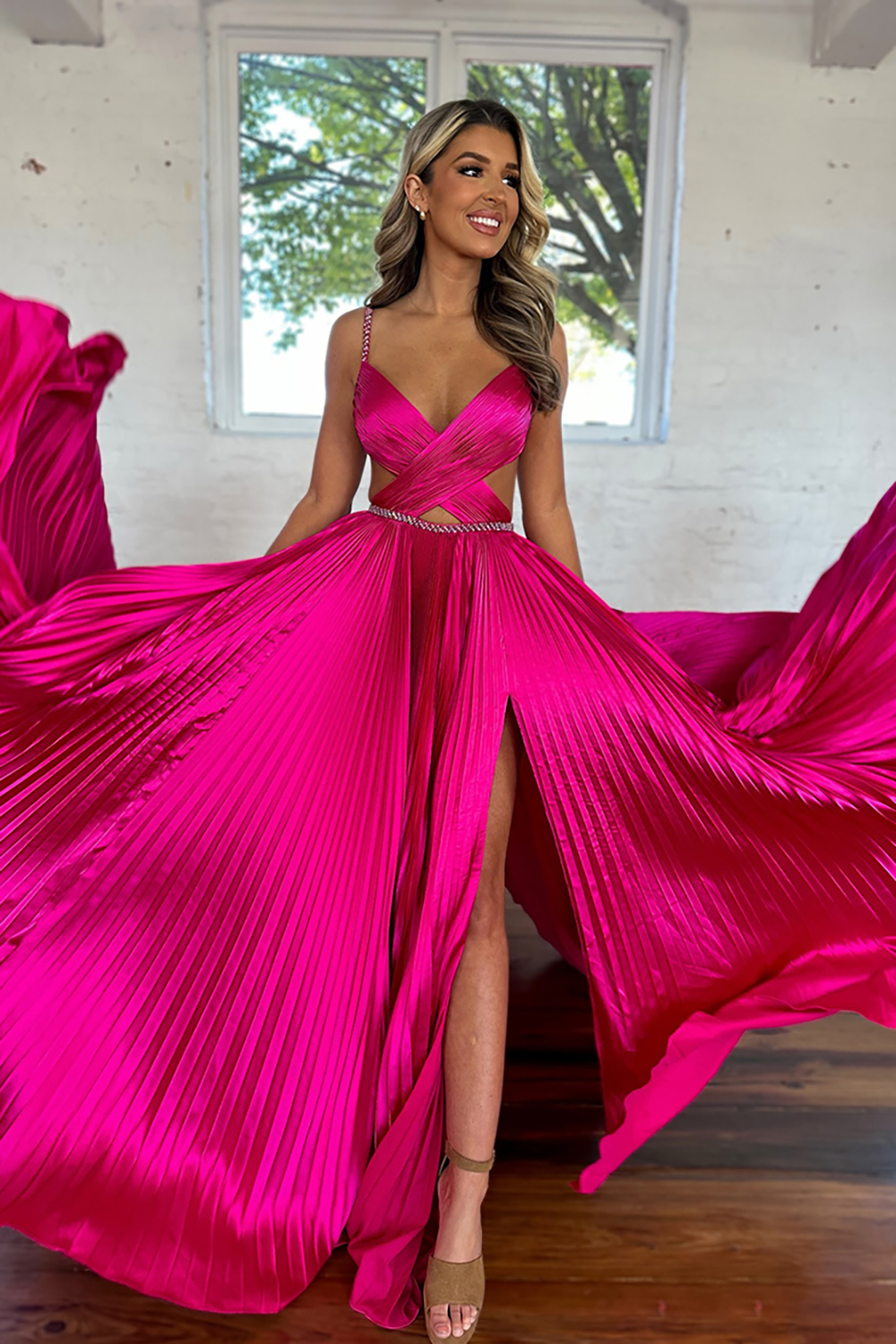 Sparkly Fuchsia Satin Spaghetti Straps A Line Pleated Cut-out Long Prom Dress with Slit