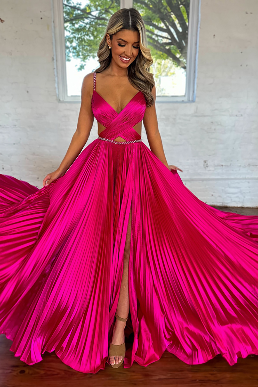 Sparkly Fuchsia Satin Spaghetti Straps A Line Pleated Cut-out Long Prom Dress with Slit