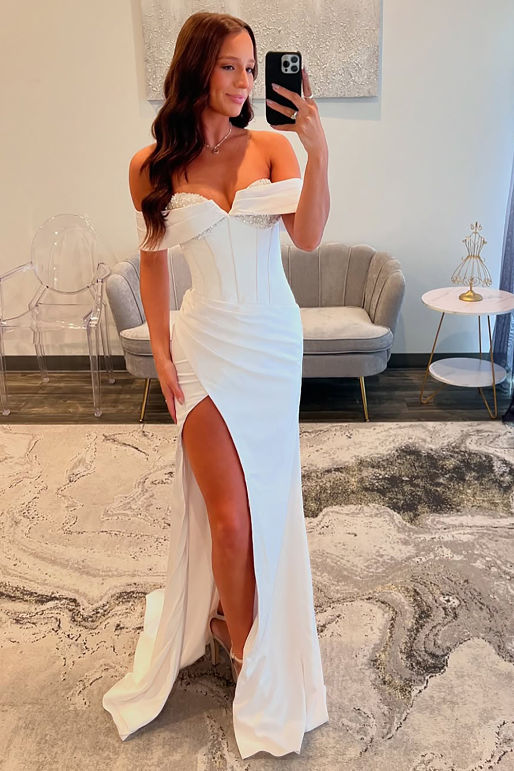 White Off The Shoulder Mermaid Satin Long Corset Prom Dress with Beading