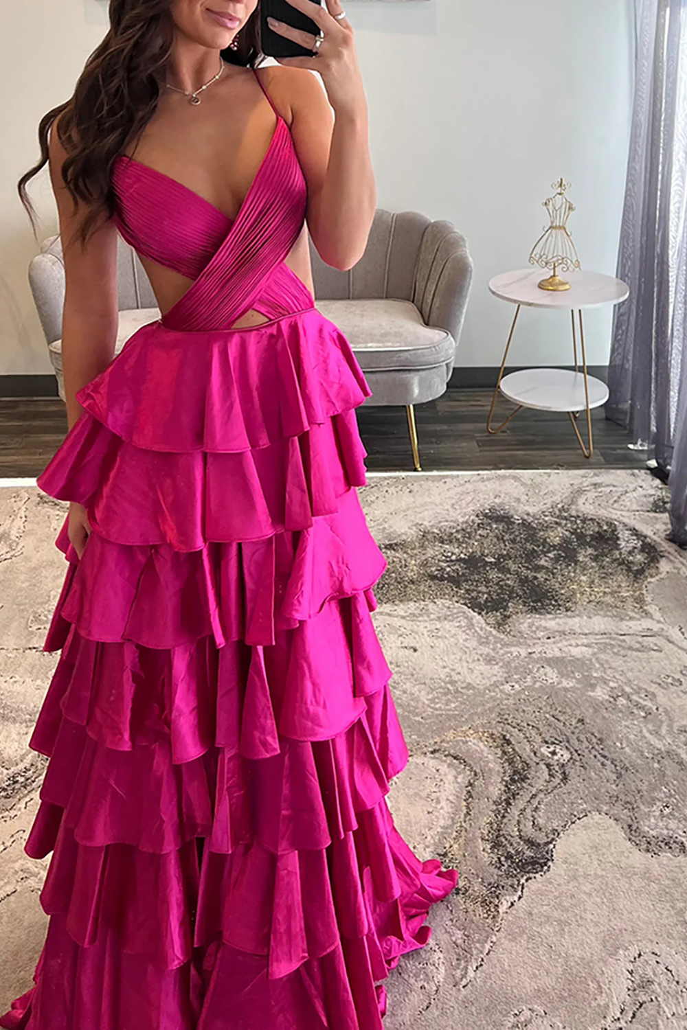 Fuchsia Spaghetti Straps A Line Satin Long Prom Dress with Slit