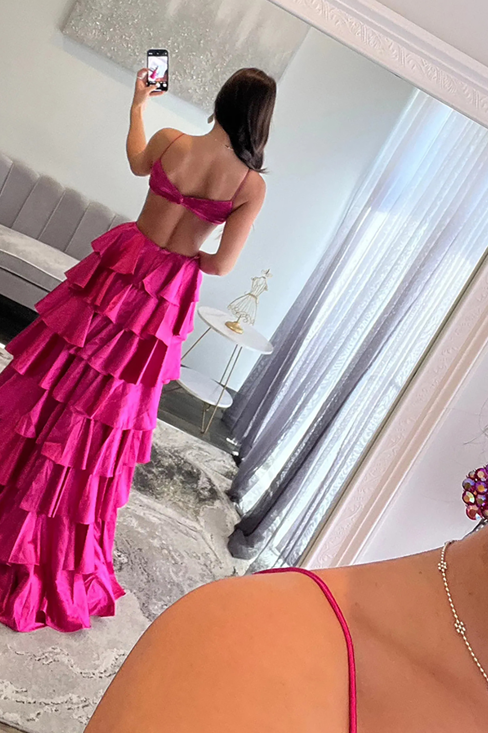 Fuchsia Spaghetti Straps A Line Satin Long Prom Dress with Slit