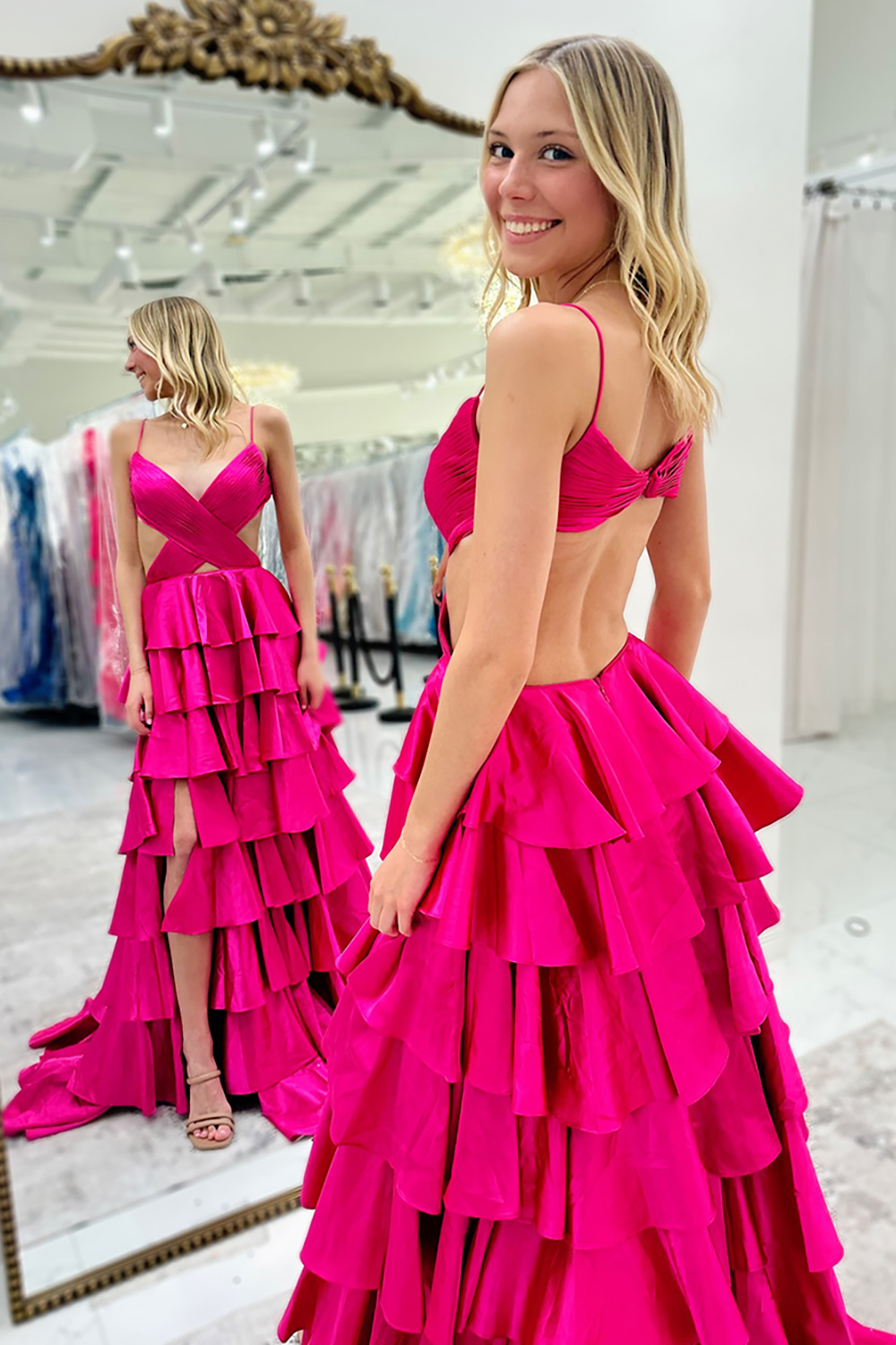 Fuchsia Spaghetti Straps A Line Satin Long Prom Dress with Slit