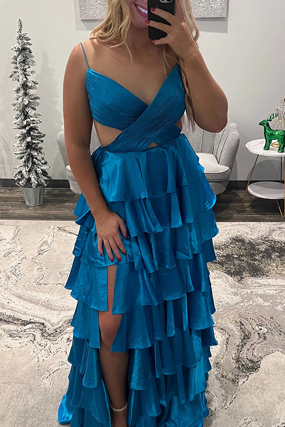 Fuchsia Spaghetti Straps A Line Satin Long Prom Dress with Slit