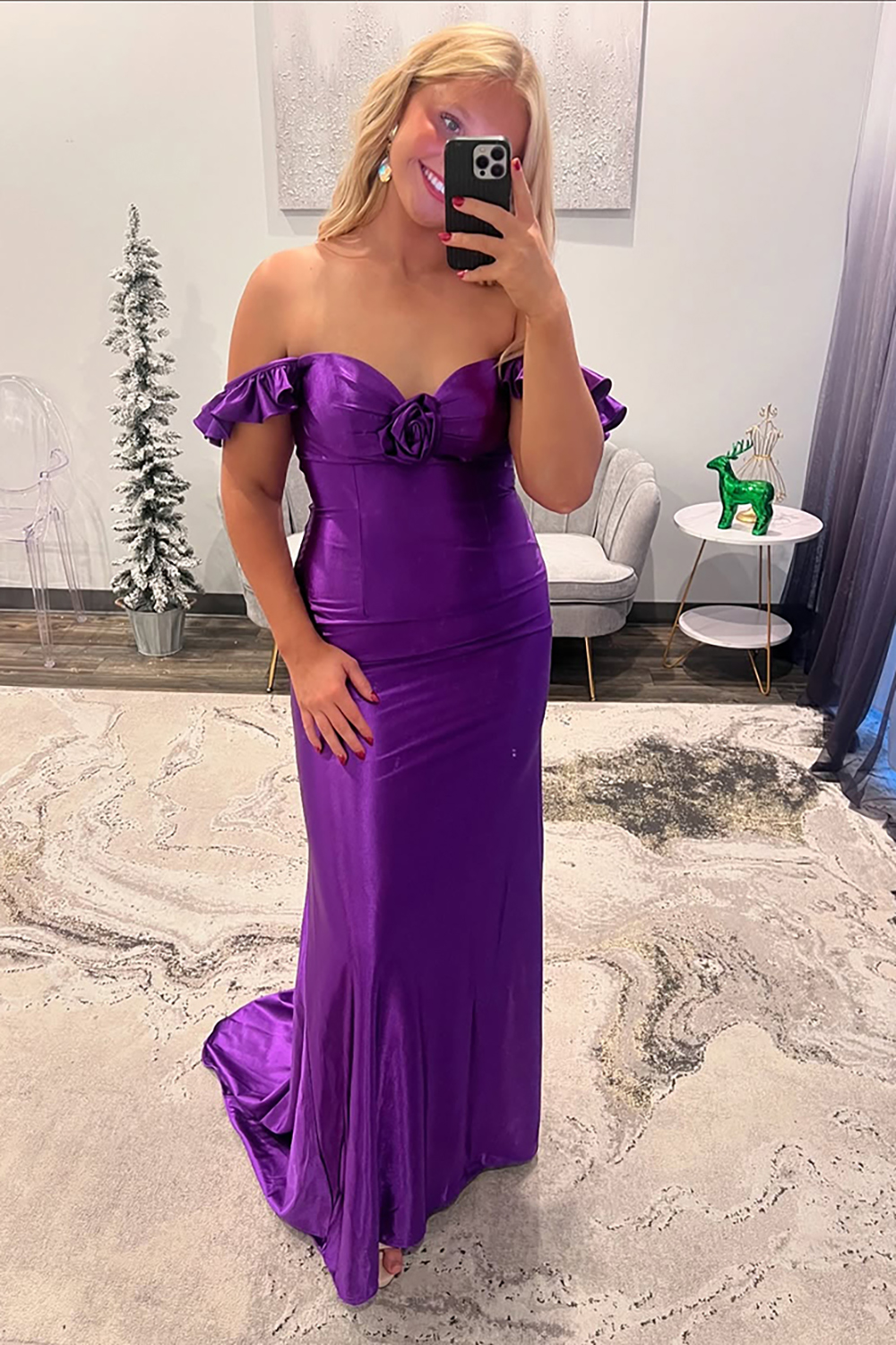 Purple Off The Shoulder Mermaid Satin Long Prom Dress
