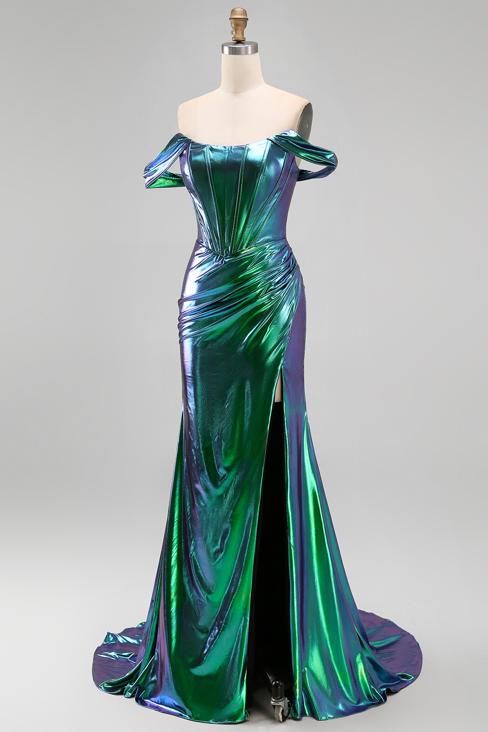 Hot Pink Off The Shoulder Mermaid Metallic Long Corset Prom Dress