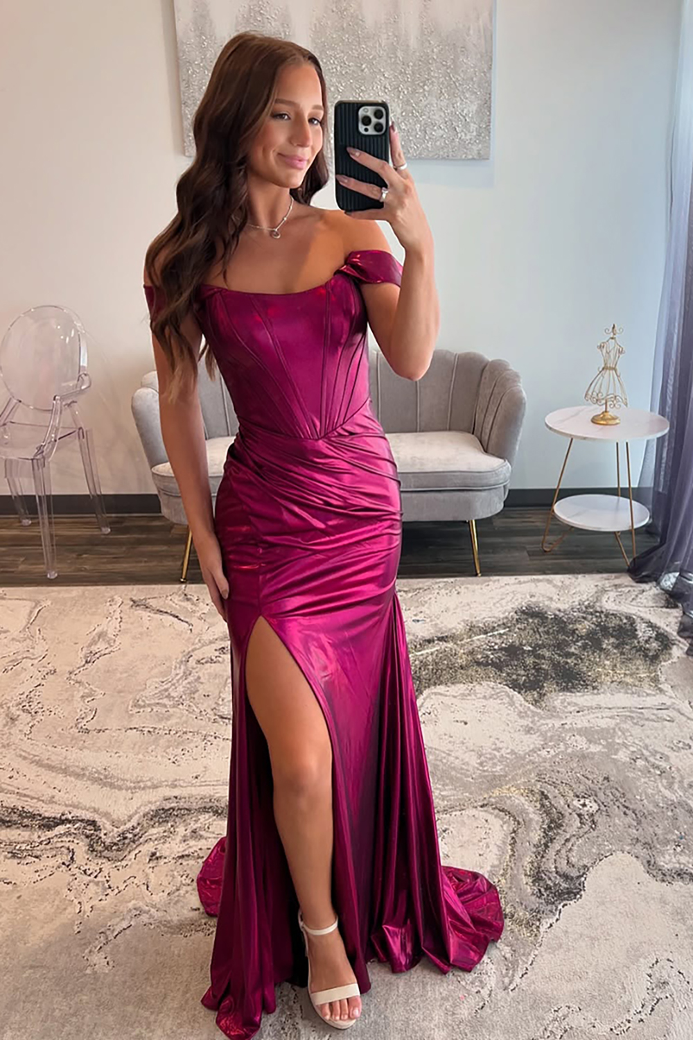Hot Pink Off The Shoulder Mermaid Metallic Long Corset Prom Dress