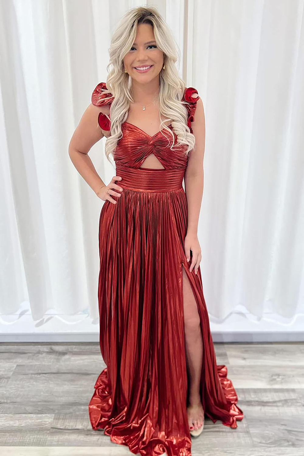 Burgundy Spaghetti Straps Mermaid Metallic Pleated Long Prom Dress with Slit