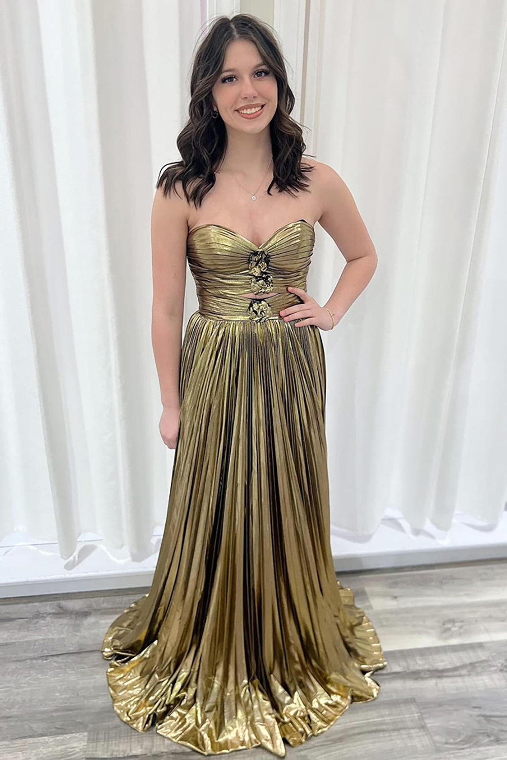 Gold Sweetheart Mermaid Metallic Pleated Long Prom Dress