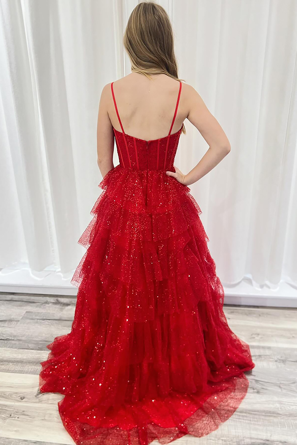 Sparkly Red Spaghetti Straps Princess Ruffled Sequin Tulle Long Corset Prom Dress
