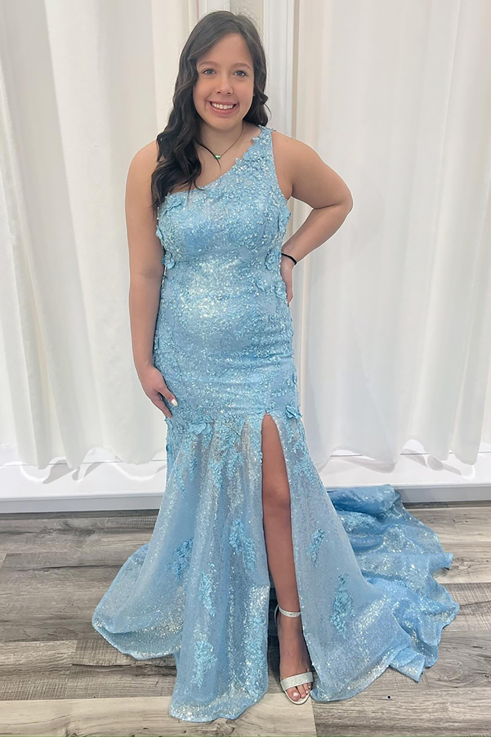 Sparkly Blue One Shoulder Mermaid Sequin Applique Tulle Long Prom Dress with Slit