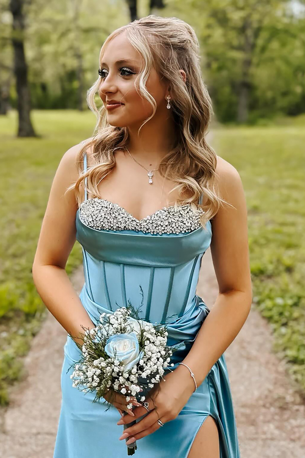 Blue Spaghetti Straps Mermaid Satin Long Corset Prom Dress with Hight Slit