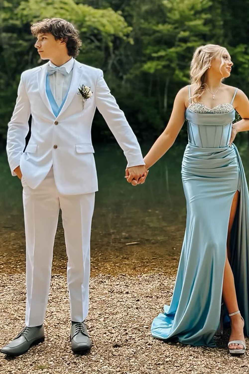 Blue Spaghetti Straps Mermaid Satin Long Corset Prom Dress with Hight Slit