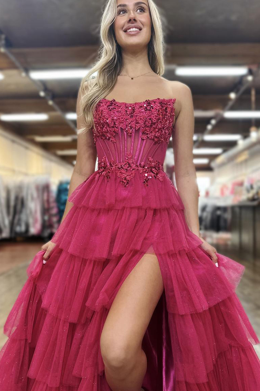 Fuchsia Sweetheart Princess Tulle Ruffled Long Corset Prom Dress with Appliques