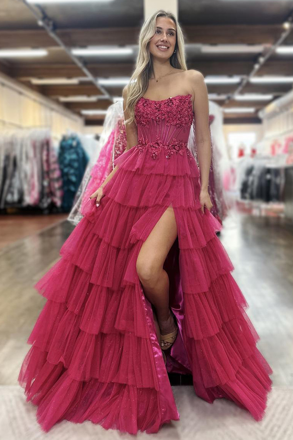Fuchsia Sweetheart Princess Tulle Ruffled Long Corset Prom Dress with Appliques