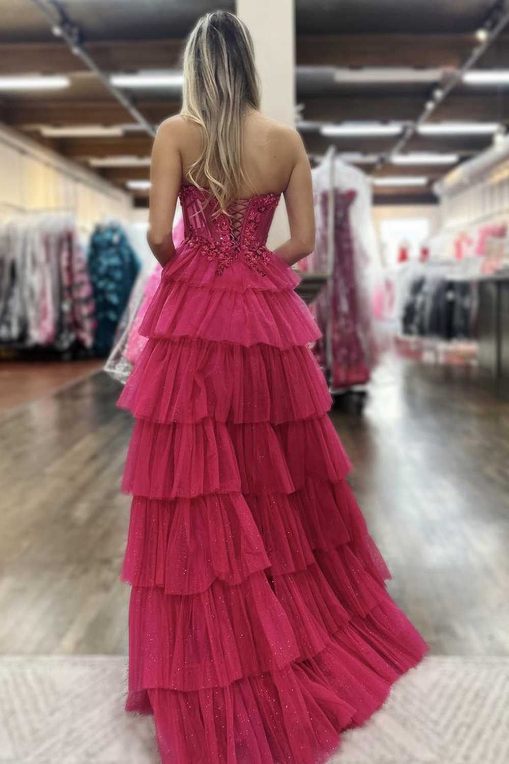 Fuchsia Sweetheart Princess Tulle Ruffled Long Corset Prom Dress with Appliques