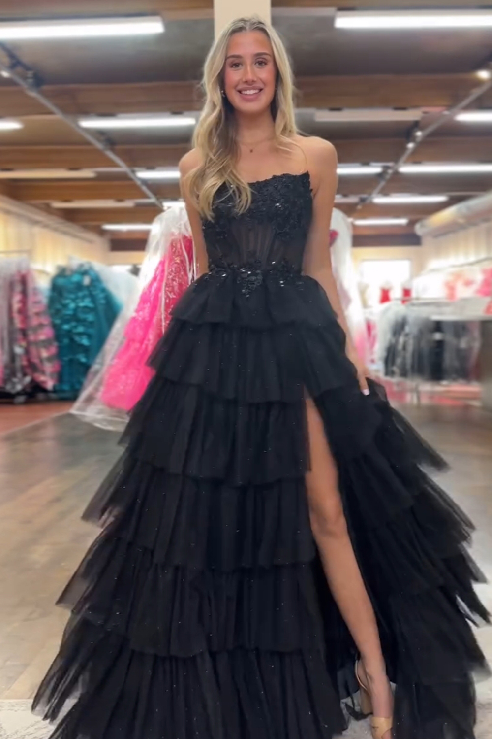 Fuchsia Sweetheart Princess Tulle Ruffled Long Corset Prom Dress with Appliques