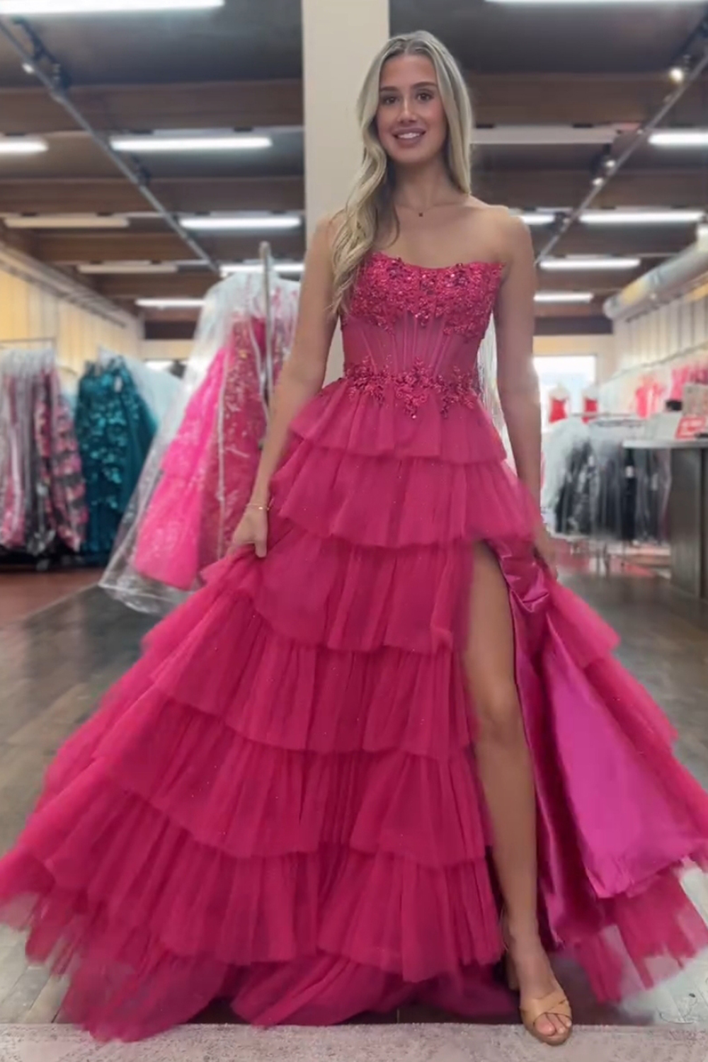 Fuchsia Sweetheart Princess Tulle Ruffled Long Corset Prom Dress with Appliques