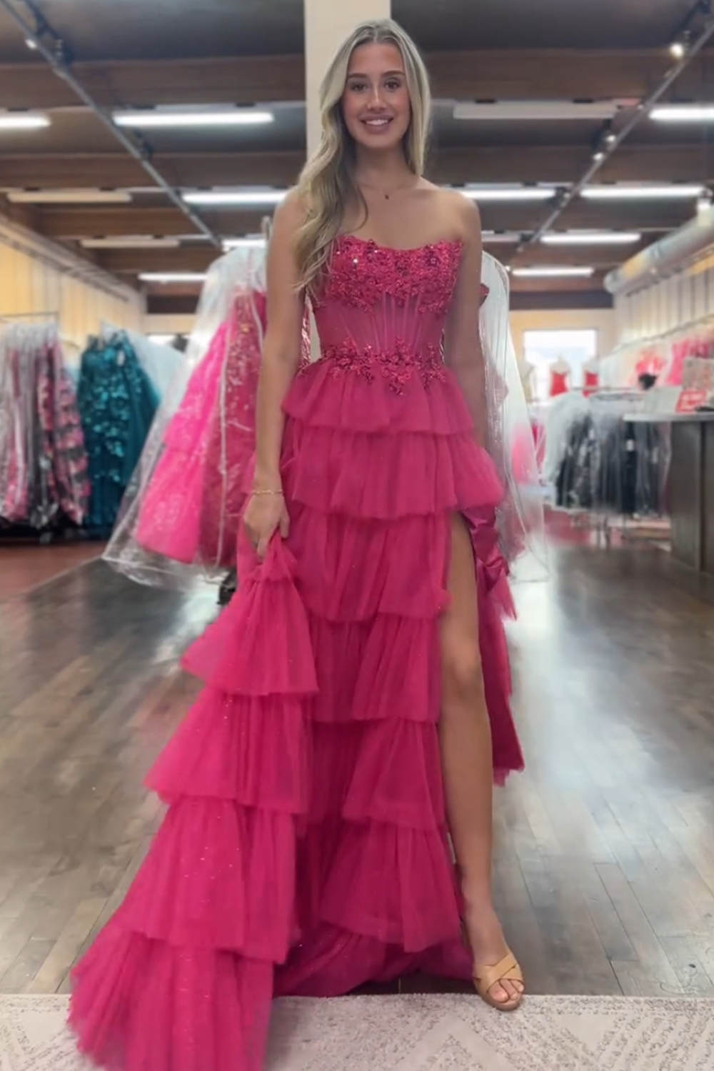 Fuchsia Sweetheart Princess Tulle Ruffled Long Corset Prom Dress with Appliques