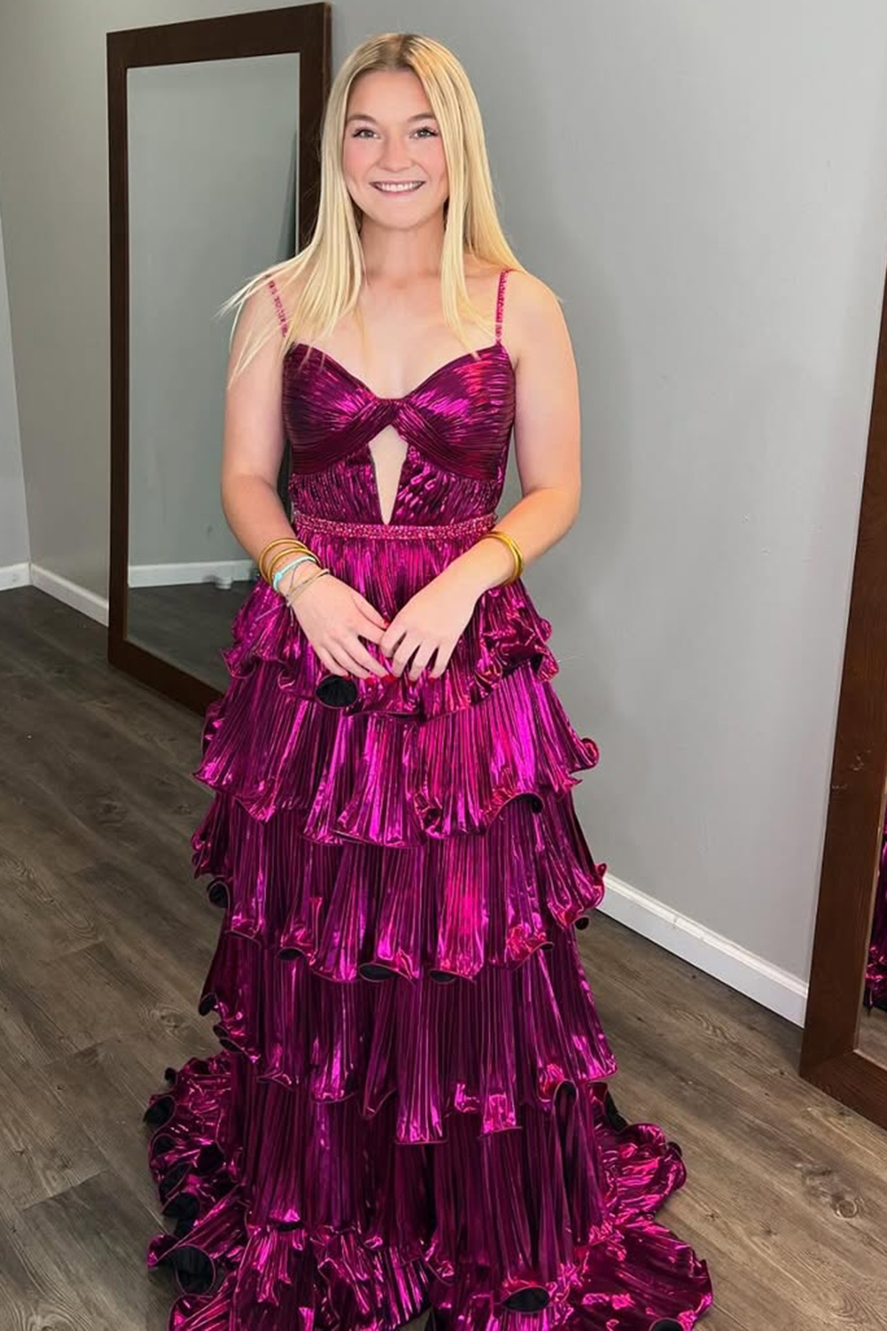 Dark Fuchsia Spaghetti Straps Metallic Princess Pleated Ruffled Long Prom Dress 