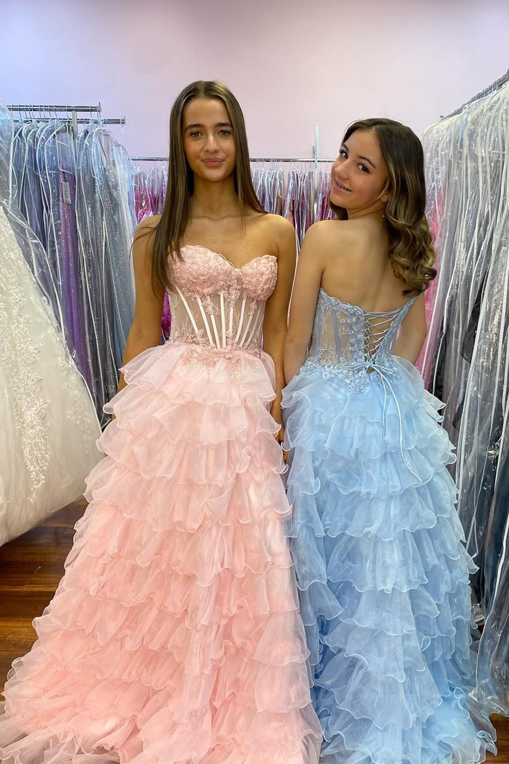 Blush Sweetheart Princess Organza Ruffled Long Corset Prom Dress with Appliques