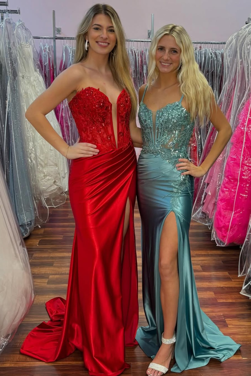Stylish Red Sweetheart Mermaid Satin Long Corset Prom Dress with Appliques