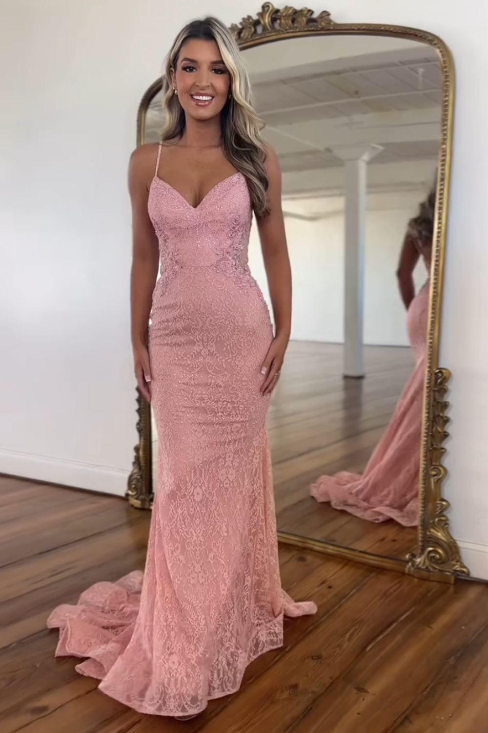 Blush Mermaid Lace Spaghetti Straps Open Back Long Prom Dress