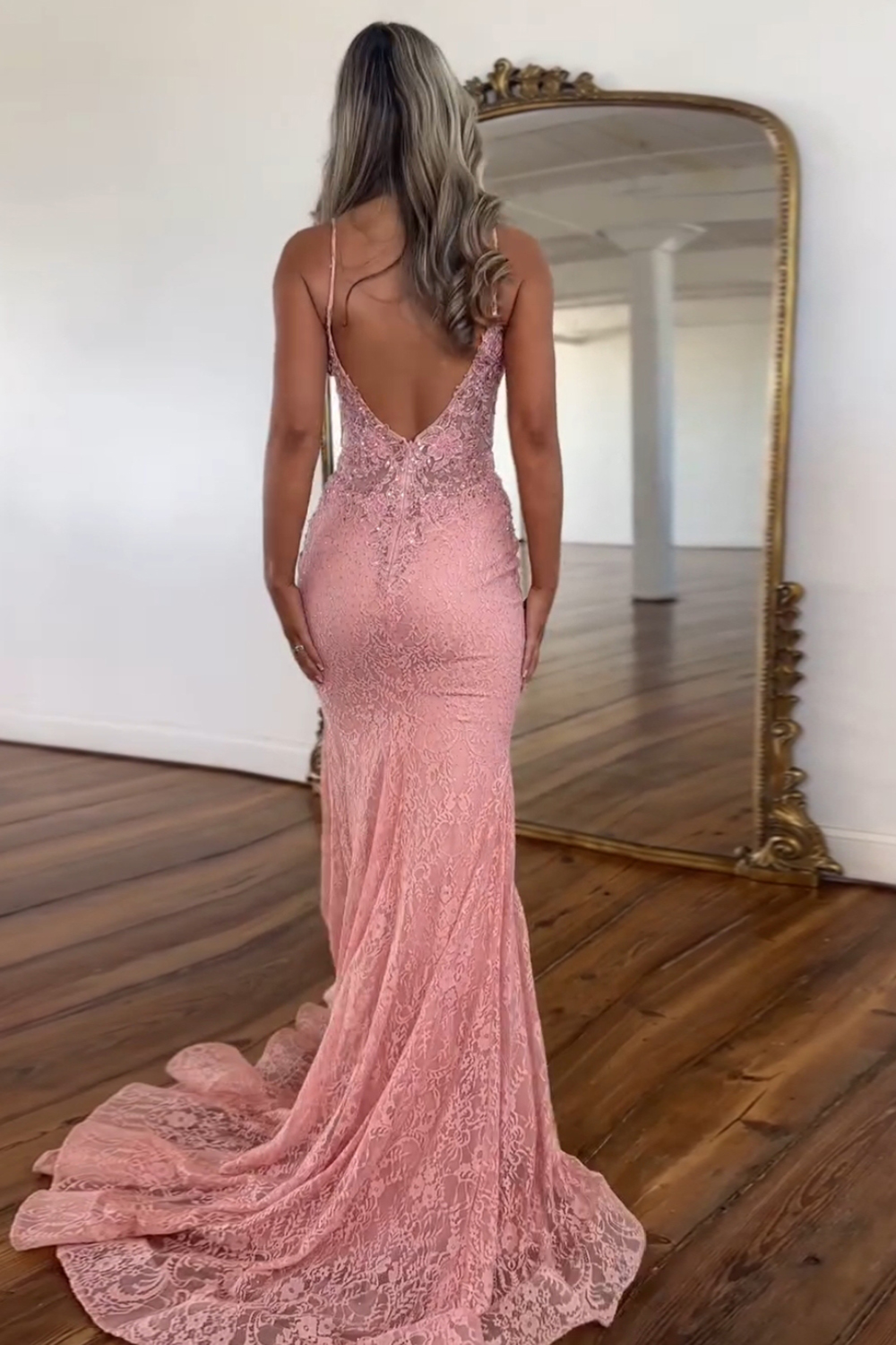Blush Mermaid Lace Spaghetti Straps Open Back Long Prom Dress