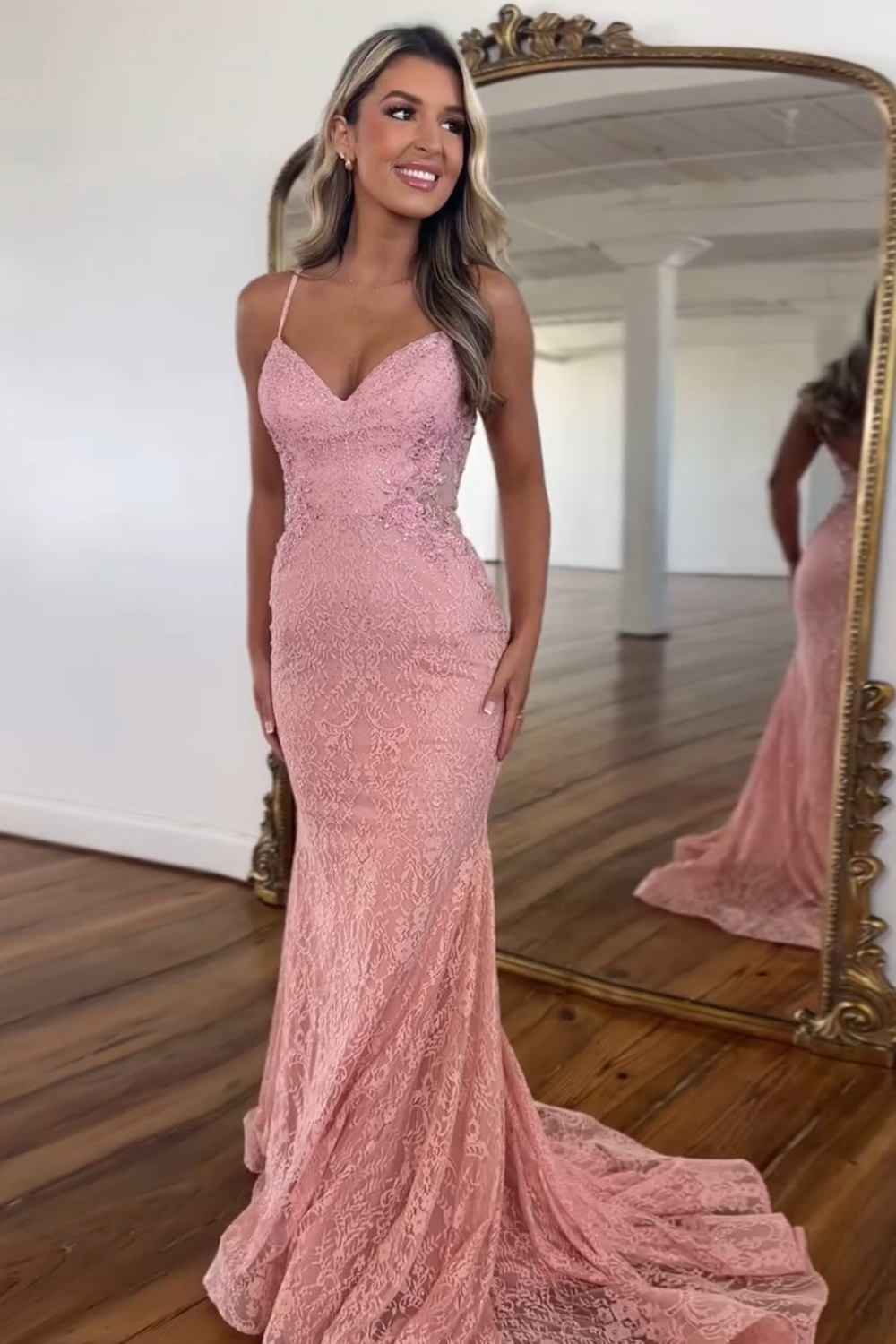 Blush Mermaid Lace Spaghetti Straps Open Back Long Prom Dress