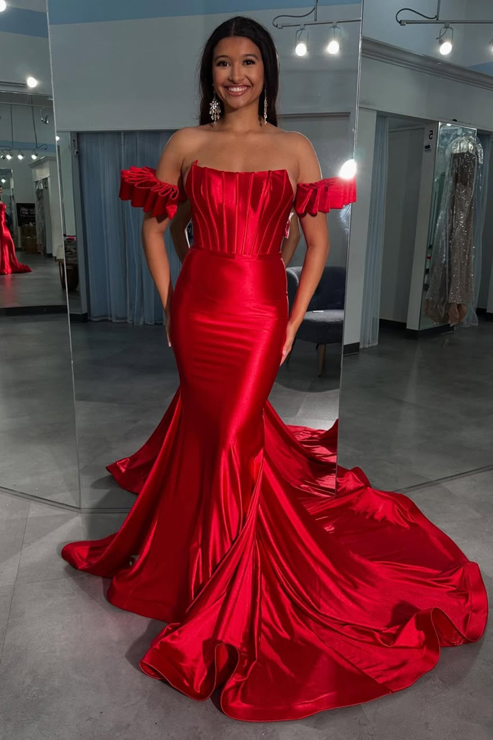 Red Strapless Mermaid Satin Long Corset Prom Dress with Sleeves