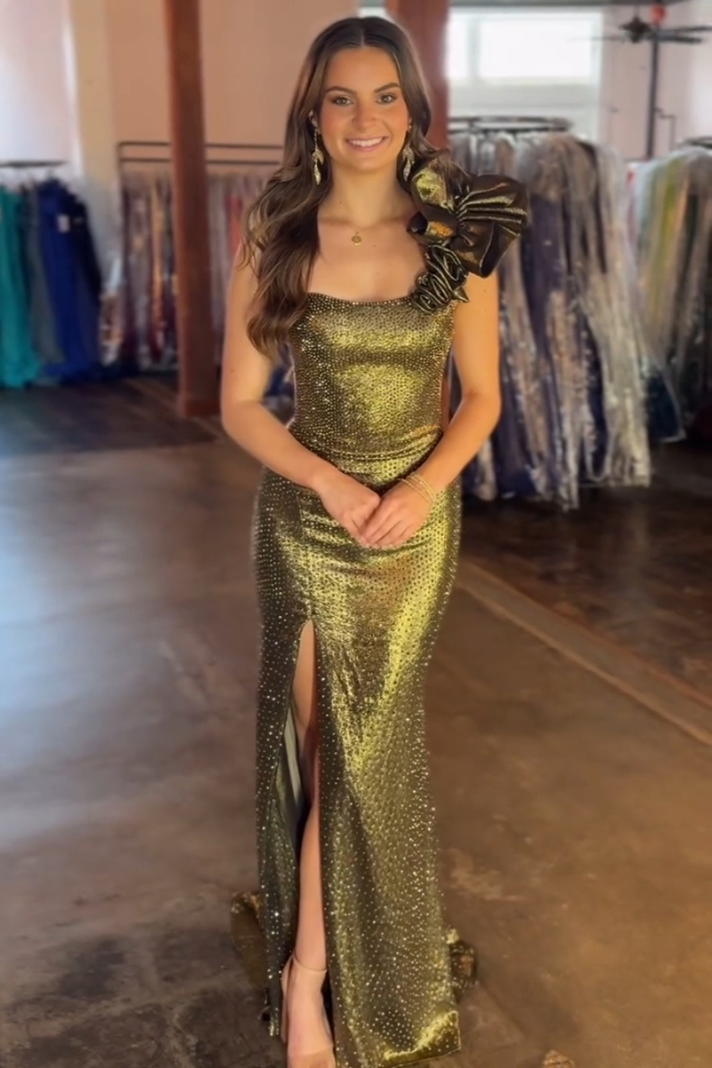 Golden One Shoulder Mermaid Beaded Long Prom Dress with Slit