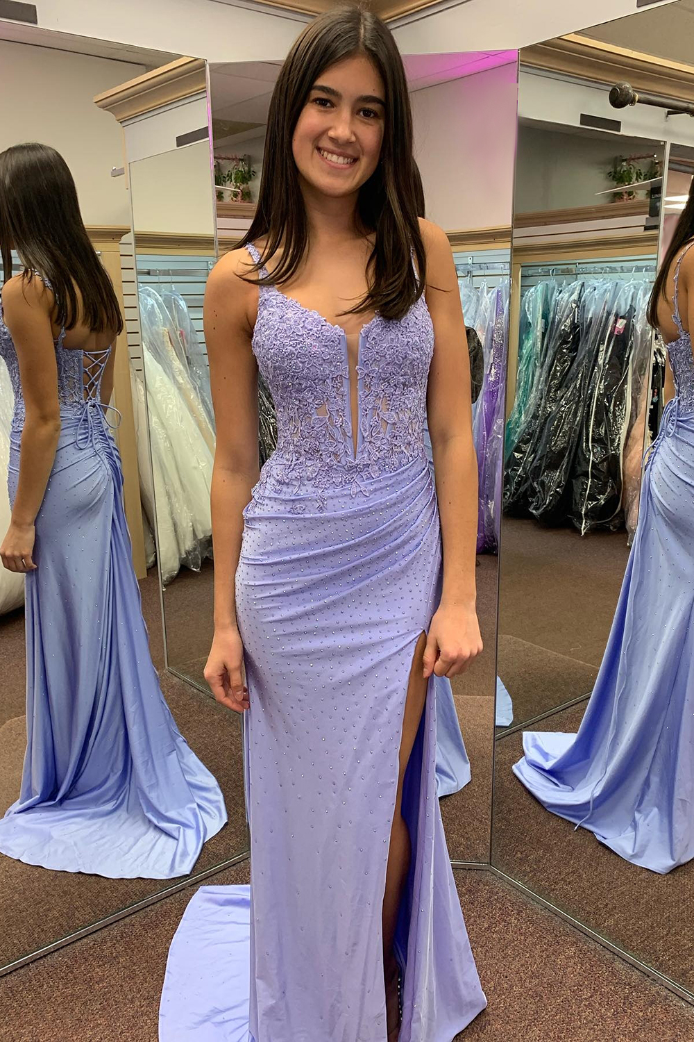 Lilac Spaghetti Straps Mermaid Beaded Long Corset Prom Dress with Appliques