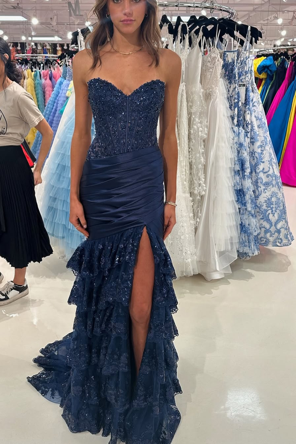 Hellymoon Women Sparkly Navy Corset Ruffled Prom Dress with Lace Appliques Sweetheart Tiered Long Pageant Dress with Slit