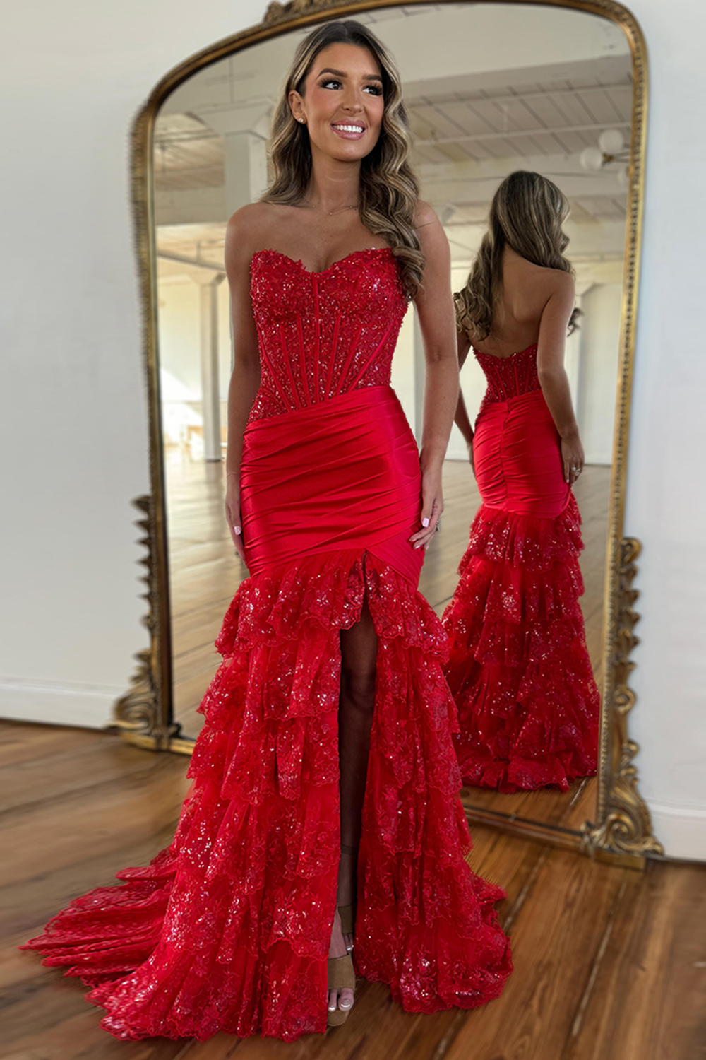 Hellymoon Women Sparkly Red Corset Ruffled Prom Dress with Lace Appliques Sweetheart Tiered Long Pageant Dress with Slit
