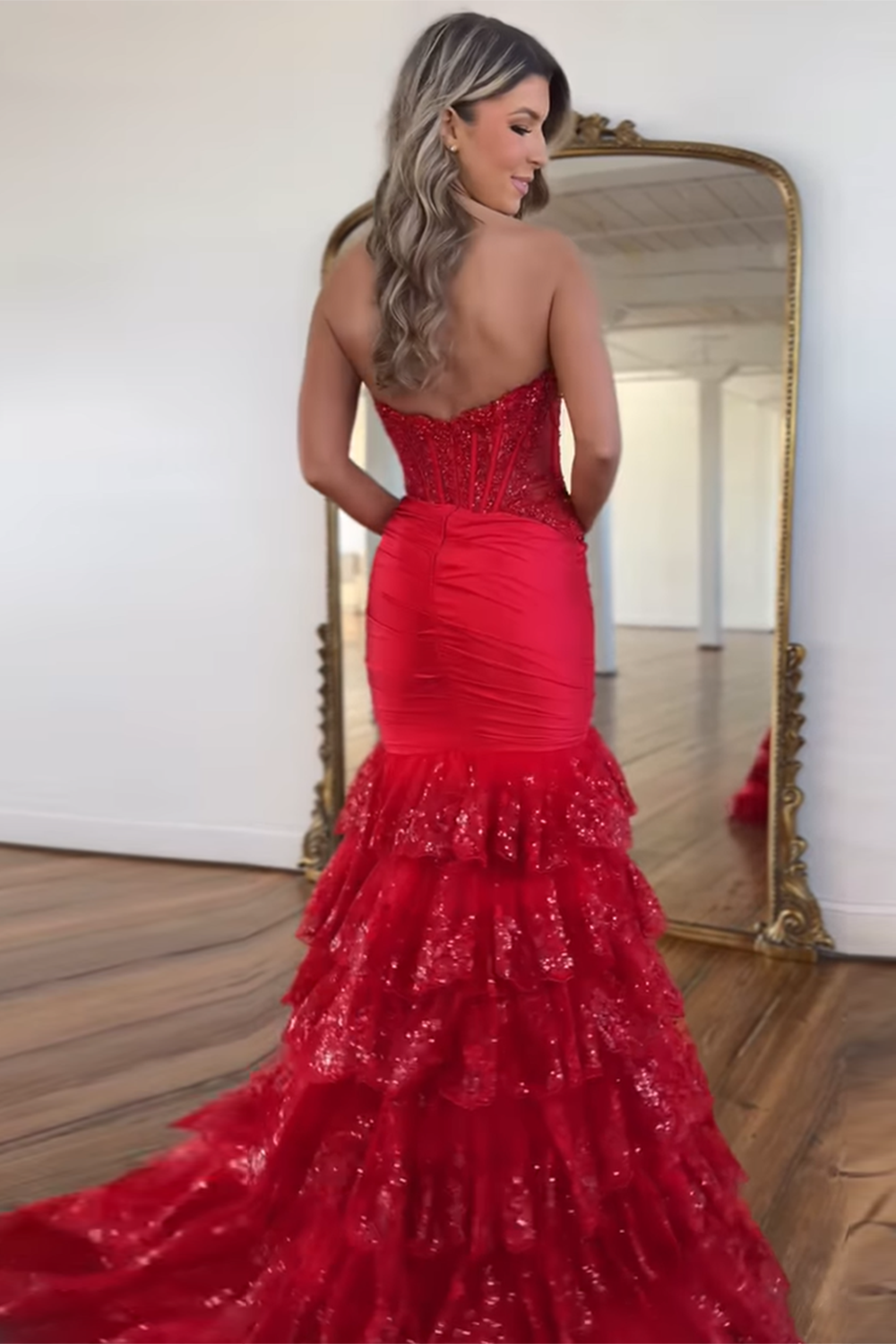 Red Corset Mermaid Tulle Long Ruffled Prom Dress with Lace