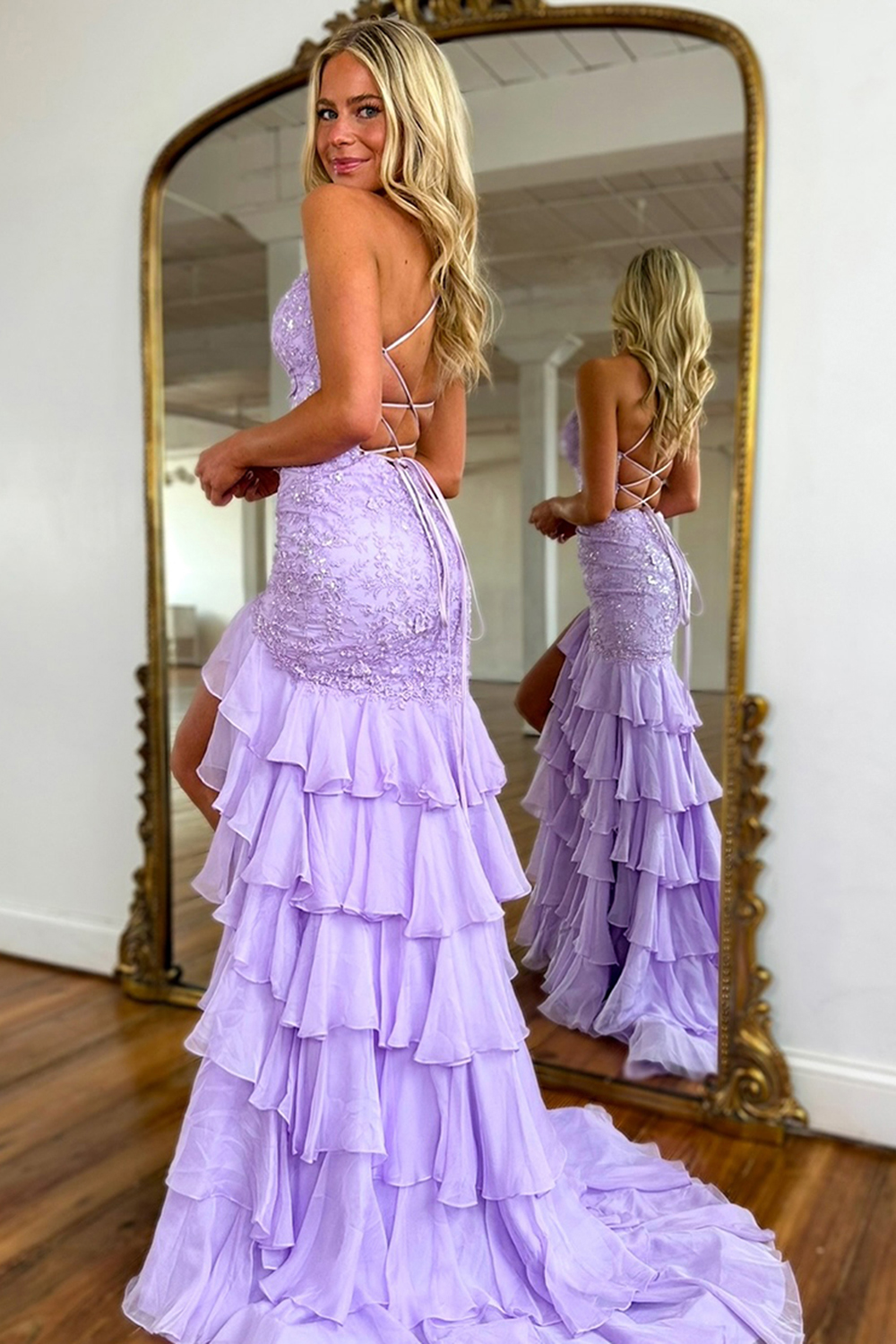 Sparkly Lilac Lace Mermaid Ruffled Long Prom Dress with Slit