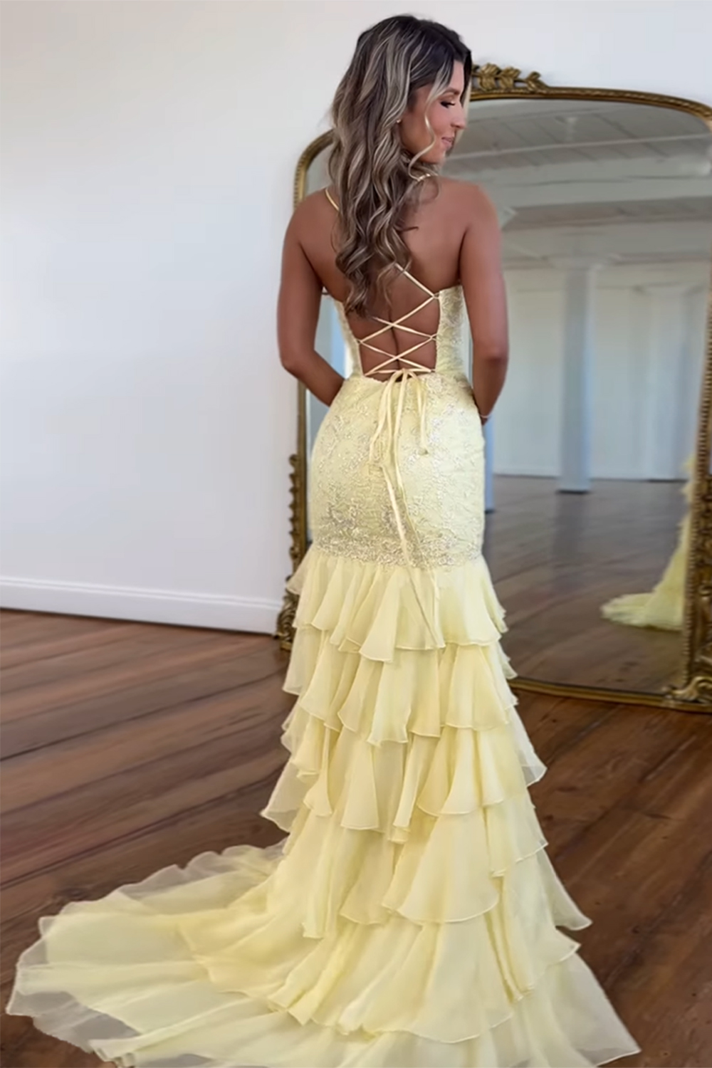 Sparkly Lilac Lace Appliques Sheath Tiered Long Chiffon Prom Dress with Slit